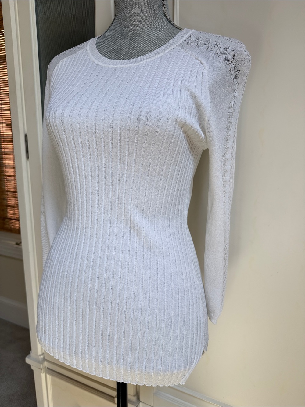 ETCETERA NYC White Ribbed Crew Neck “Lilly” Sweater with Lace Shoulder Detail